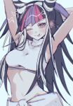  1girl :p ;p armpits arms_up bead_necklace beads black_hair blush breasts commentary_request crop_top danganronpa_(series) danganronpa_2:_goodbye_despair ear_piercing earrings hair_horns highres jewelry long_hair mioda_ibuki multicolored_hair navel necklace nelt one_eye_closed piercing pink_eyes pink_hair pink_streaks shirt smile solo stomach streaked_hair tongue tongue_out white_hair white_shirt 