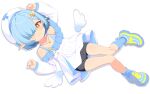  1boy arm_up bare_shoulders bike_shorts bike_shorts_under_skirt bilingual_commentary blue_hair blue_shoes blue_socks blush closed_mouth commentary commission dress english_commentary full_body hair_over_one_eye hand_up hat highres indie_virtual_youtuber long_sleeves looking_at_viewer lying male_focus mixed-language_commentary noa_noelle off-shoulder_dress off_shoulder on_back saga_inu shoes short_dress short_hair sidelocks simple_background skeb_commission smile socks solo trap virtual_youtuber white_background white_dress white_hat yellow_eyes 