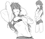  1girl blush boxers bra bra_pull breasts clothes_pull commentary_request cropped_legs dramatical_murder genderswap genderswap_(mtf) greyscale groin head_on_pillow kuwa_ayase long_hair long_sleeves lying male_underwear monochrome multiple_views navel nipples on_back pillow ribs seragaki_aoba shirt small_breasts standing topless_female underwear 