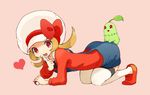  &lt;3 1girl ass bent_over brown_hair chikorita hat hat_ribbon heart holding holding_poke_ball kotone_(pokemon) poke_ball pokemon pokemon_(game) ribbon simple_background thighhighs twintails 