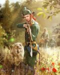  1other 2girls absurdres aiming aiming_at_viewer bad_link bayonet blue_boots blue_eyes blurry blurry_background boots braid dagger elf flower grass green_eyes gun gun_sling heterochromia highres initial knee_boots knife leaf lens_flare manuel_krommenacker military_uniform multiple_girls musket orange_eyes orange_hair original pointy_ears red_flower sash signature tree twin_braids weapon white_wolf wolf 