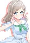  1girl :t absurdres blue_dress blush breast_pocket breasts ceras_yanagida_lilienfeld closed_mouth commentary_request corocoro567 dress drop_shadow frown green_neckerchief grey_hair hair_ribbon half-heart_hands hasu_no_sora_school_uniform heart highres looking_to_the_side love_live! love_live!_hasu_no_sora_jogakuin_school_idol_club medium_breasts neckerchief pink_ribbon pocket pout puffy_short_sleeves puffy_sleeves ribbon sailor_collar sailor_dress school_uniform short_sleeves simple_background solo summer_uniform upper_body virtual_youtuber white_background white_sailor_collar 