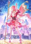  1girl :d ahoge album_cover arm_up back_bow black_corset bow breasts castle center_frills commentary_request copyright_notice corset cover double_bun dress earrings flag flagpole frilled_dress frills full_body green_eyes hair_bun hair_ornament hairclip holding holding_flag hololive jewelry layered_dress long_hair looking_at_viewer medium_breasts mochipuyo_(canvas_mochi) nobusawa_osamu official_art open_mouth outdoors petals pink_hair pink_shoes pointing pointing_up puffy_short_sleeves puffy_sleeves red_dress sakura_miko shoes short_dress short_sleeves side_up_bun single_thighhigh smile solo standing swept_bangs teeth thigh_strap thighhighs tiara twintails underbust upper_teeth_only variant_set very_long_hair virtual_youtuber white_thighhighs 
