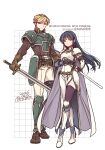  1boy 1girl armor armored_boots belt blonde_hair blue_hair boots commentary_request faulds fire_emblem fire_emblem:_the_blazing_blade gloves harken_(fire_emblem) highres holding holding_sword holding_weapon isadora_(fire_emblem) long_hair pants pauldrons sayu030b short_hair shoulder_armor simple_background sword thighs watermark weapon white_background white_pants 