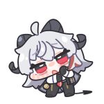  1girl ahoge black_gloves black_horns black_jacket black_pants chibi chibi_only commentary_request curled_horns demon_tail gloves hair_between_eyes high-waist_pants horns jacket jacket_on_shoulders looking_at_viewer medium_hair mole mole_under_eye multicolored_hair necktie open_mouth pants red_eyes red_necktie shirt simple_background solo streaked_hair syurikenmaru tail white_background white_hair white_shirt wuthering_waves zani_(wuthering_waves) 