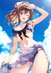  1girl alternate_costume ashigara_(kancolle) ass_visible_through_thighs bikini blue_sky bracelet breasts brown_eyes brown_hair cloud commentary_request floral_print frilled_bikini frills front-tie_bikini_top front-tie_top ishihara_masumi jewelry kantai_collection large_breasts mismatched_bikini navel one_eye_closed ponytail purple_bikini purple_sarong sarong sky smile solo swimsuit 