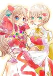  2girls arch_bishop_(ragnarok_online) blue_eyes blush breasts brown_hair cleavage_cutout closed_mouth clothing_cutout commentary_request cowboy_shot cross detached_sleeves dormir_(challco) dress grey_hair gun hair_ornament handgun heart heart_hair_ornament holding_hands juliet_sleeves long_hair long_sleeves looking_at_viewer medium_breasts multiple_girls open_mouth pointy_ears puffy_sleeves purple_eyes ragnarok_online red_dress sash short_hair sig_p220/p226 smile sorcerer_(ragnarok_online) two-tone_dress weapon white_background white_dress white_sleeves yellow_sash 