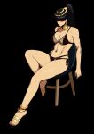  1girl absurdres anklet bikini black_background black_bikini black_hair breasts commentary dc_(makezzal) full_body glaring highres jewelry large_breasts long_hair looking_at_viewer navel navel_piercing on_stool original partially_shaded_face piercing ponytail red_eyes simple_background sitting smile solo stomach stool swimsuit untranslatable_commentary 