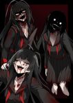  1girl antenna_hair black_hair blood blood_on_face blue_archive breasts bruise cleavage commentary fang fangs highres hime_cut horror_(theme) injury long_hair looking_at_viewer multicolored_hair multiple_persona nagai_negi open_mouth school_uniform serafuku solo streaked_hair tears teeth tsurugi_(blue_archive) very_long_hair 