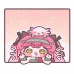  1girl :3 :d axolotl blush_stickers border chibi chibi_only commentary_request grey_hairband hairband korean_commentary long_hair looking_at_viewer lupa_(wuthering_waves) monyami open_mouth outline outside_border pink_background pink_hair smile solo upper_body v-shaped_eyebrows white_border white_outline wuthering_waves yellow_eyes 
