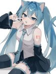  1girl animal_ears bare_shoulders black_skirt black_sleeves black_thighhighs blue_eyes blue_hair blue_necktie blue_trim cat_ears cat_girl cat_tail collared_shirt commentary_request detached_sleeves dot_nose fang grey_shirt hair_between_eyes hair_intakes hand_up hatsune_miku highres looking_at_viewer maruta2098 necktie number_tattoo pleated_skirt shirt shoulder_tattoo simple_background skirt sleeveless sleeveless_shirt solo tail tattoo thighhighs tie_clip v vocaloid white_background wide_sleeves wing_collar zettai_ryouiki 