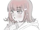  1girl :o blunt_bangs blush brown_hair collared_shirt commentary_request danganronpa_(series) danganronpa_2:_goodbye_despair flipped_hair hair_ornament hands_up highres hood hood_down nanami_chiaki neck_ribbon nelt pink_eyes ribbon shirt simple_background sleeves_past_wrists solo teeth white_background 