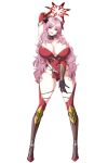  1girl absurdres arm_behind_head arm_guards arm_up armored_boots ass_visible_through_thighs bare_shoulders black_gloves black_panties blue_archive blush boots breasts brown_eyes cleavage commentary_request cosplay covered_navel detached_collar dress full_body gloves half-closed_eyes halo hand_on_own_thigh head_tilt highres horns huge_breasts kamimura_maika kamimura_maika_(cosplay) koflif legs_apart long_hair looking_at_viewer open_mouth panties pantyshot parted_bangs pelvic_curtain pink_hair red_dress red_thighhighs satsuki_(blue_archive) short_dress side-tie_panties simple_background smile solo standing taimanin_(series) thighhighs thighs underwear wavy_hair white_background 