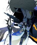  2boys antenna_hair arm_guards armor artist_name asymmetrical_wings belt black_belt black_choker black_gloves black_pants black_shirt blonde_hair blue_cape blue_eyes cape chest_belt choker closed_mouth coat collared_shirt commentary_request cowboy_shot cracked_skin dawnmaker_(honkai:_star_rail) dual_persona face_in_shadow fingerless_gloves floating_cape floating_clothes giant gloves grey_hair hair_between_eyes hand_up hands_up high_collar highres holding holding_sword holding_weapon honkai:_star_rail honkai_(series) long_hair_between_eyes long_sleeves looking_to_the_side male_focus multiple_boys neck_tattoo pants phainon_(honkai:_star_rail) phainon_(khaslana)_(honkai:_star_rail) sakae_0_0 shirt short_hair shoulder_armor shoulder_spikes simple_background single_glove smile spikes standing sun_symbol sun_tattoo sword tattoo thigh_strap two-sided_cape two-sided_fabric upper_body v-shaped_eyebrows weapon white_background white_coat wings yellow_cape yellow_eyes 