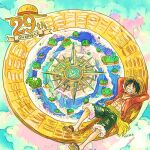  1boy abs anniversary arms_behind_head black_hair blue_shorts blue_sky closed_eyes cloud cloudy_sky collarbone commentary_request compass copyright_name cross_scar full_body fur-trimmed_shorts fur_trim furol_nicoco grin hat island lying male_focus monkey_d._luffy ocean on_back one_piece open_clothes open_shirt red_shirt sandals sash scar scar_on_chest shirt short_hair shorts sky smile solo straw_hat tree water yellow_sash 