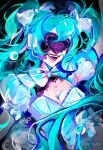  1girl absurdres alien_stage aqua_eyes aqua_hair arm_up black_background bow cleavage_cutout clothing_cutout commentary dress eyeball fangs hair_bow hatsune_miku headset highres long_hair microphone puffy_short_sleeves puffy_sleeves schwesterchiz short_sleeves signature smile solo twintails upper_body vocaloid white_bow zombie_stage 