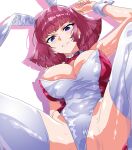  1girl animal_ear_hairband animal_ears arm_up armpits blue_eyes bow bowtie breasts cleavage clothing_aside commentary_request detached_collar fake_animal_ears gundam hairband haman_karn large_breasts leotard leotard_aside looking_at_viewer looking_down minazuki_noumu multicolored_leotard no_pussy playboy_bunny rabbit_ear_hairband rabbit_ears red_bow red_bowtie red_leotard simple_background solo spread_legs strapless strapless_leotard thighhighs two-tone_leotard white_background white_leotard white_wrist_cuffs wrist_cuffs 