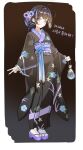  1girl alternate_costume alternate_hairstyle bag bagged_fish black_hair black_kimono blunt_ends chaos_zero_nightmare fish floral_print floral_print_kimono flower frilled_sash frilled_sleeves frills hair_bun hair_flower hair_ornament highres hilde_(chaos_zero_nightmare) japanese_clothes jjomulhae kimono multicolored_hair print_kimono purple_eyes sash solo streaked_hair summer_festival v waist_ribbon 