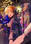  1girl 1other aerial_fireworks alternate_costume black_bow blonde_hair bow braid commentary_request fireworks hair_bow highres holding_hands japanese_clothes kimono kirisame_marisa long_hair long_sleeves night obi obijime open_mouth outdoors pechika_01 people print_sash purple_eyes sash smile starry_sky_print teeth touhou twitter_username upper_teeth_only wide_sleeves yellow_eyes yukata 