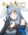  1girl absurdres anniversary artist_name blue_eyes blush breasts closed_mouth commentary copyright_name curled_ends english_commentary eyelashes grey_hair head_wings highres long_hair meidza_d melia_antiqua simple_background smile solo upper_body waving white_background wings xenoblade_chronicles_(series) xenoblade_chronicles_3 