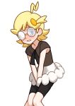  1boy absurdres ahoge between_legs bike_shorts bike_shorts_under_skirt blonde_hair blue_eyes blush bonnie_(pokemon) bonnie_(pokemon)_(cosplay) brown_shirt clemont_(pokemon) commentary_request cosplay crossdressing crossdressing_(mtf) glasses hand_between_own_legs highres knees_together_feet_apart looking_at_viewer male_focus medium_hair okomeyama pokemon pokemon_x_and_y raised_inner_eyebrows round_eyewear shirt short_sleeves simple_background skirt solo tearing_up white_background white_skirt 