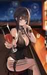  1girl absurdres bangle black_dress bracelet breasts brown_eyes brown_hair cleavage commentary crossed_legs cup dagger dress dsr-50_(girls'_frontline) fireworks from_side girls'_frontline girls'_frontline_2:_exilium glass halter_dress halterneck highres holding holding_cup incoming_gift indoors jewelry kamoshi knife large_breasts looking_at_viewer looking_to_the_side loreley_(girls'_frontline_2) pelvic_curtain sidelocks sitting sleeveless sleeveless_dress smile solo stiletto_(weapon) stool weapon weapon_in_garters 
