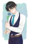  1boy aqua_necktie belt belt_buckle black_hair blue_background blue_flower blue_pants blue_vest border brown_belt buckle character_name clock_over_orquesta closed_mouth collared_shirt commentary_request cornflower cowboy_shot earrings fading_border flipped_bangs flower green_eyes hair_between_eyes happy_birthday head_tilt holding holding_flower jewelry karasumaru kokonoe_konoe long_sleeves looking_at_viewer male_focus necktie official_artist_extra outside_border pants shirt short_hair simple_background smile solo standing stud_earrings vest white_border white_shirt 