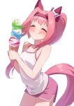  1girl absurdres alternate_costume animal_ears bare_shoulders blush bow breasts closed_eyes closed_mouth commentary_request dolphin_shorts ear_bow ear_covers food freely2327 hairband haru_urara_(umamusume) headband highres holding holding_ice_cream_cone horse_ears horse_girl horse_tail ice_cream ice_cream_cone long_hair multiple_scoops pink_bow pink_hair pink_headband pink_shorts pink_tail ponytail red_headband shorts simple_background small_breasts smile solo striped_bow tail tank_top tongue tongue_out umamusume white_background white_tank_top 