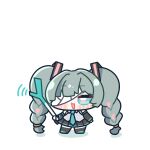  1girl :3 aqua_eyes aqua_necktie bandage_over_one_eye black_skirt black_sleeves blush blush_stickers braid chibi chibi_only commentary_request cosplay detached_sleeves food full_body hair_ornament hatsune_miku hatsune_miku_(cosplay) heart highres holding holding_food holding_spring_onion holding_vegetable long_hair looking_at_viewer necktie one_eye_covered open_mouth phrolova_(wuthering_waves) pleated_skirt shirt simple_background skirt sleeveless sleeveless_shirt smile solo spring_onion standing syurikenmaru twin_braids twintails vegetable vocaloid white_background wuthering_waves 