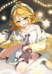  1girl ahoge blonde_hair blue_eyes breasts commentary dokibird dokibird_(pajamas) english_commentary fang feather_hair green_eyes hair_ornament highres indie_virtual_youtuber jewelry naname580 necklace nightgown open_mouth skin_fang slippers small_breasts smile socks solo star_(symbol) star_hair_ornament virtual_youtuber white_nightgown white_socks yellow_slippers 