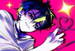  1boy akugetsu blue_eyes blue_hair foka1178682 heart highres indie_utaite male_focus pink_background shirt short_hair smile solo sparkle string string_of_fate very_short_hair white_shirt 