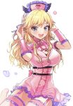  1girl blonde_hair blue_eyes blush breasts commentary dress frilled_thighhighs frills garter_straps harness heart highres idolmaster idolmaster_cinderella_girls large_breasts long_hair looking_at_viewer nurse ohtsuki_yui open_mouth pink_dress smile solo thighhighs untranslatable_commentary yuzuhota0313 