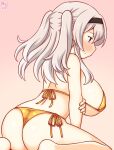  1girl alternate_costume artist_logo bikini blue_eyes blush braid breasts commentary_request dated embarrassed glorious_(kancolle) gold_bikini gradient_background grey_hair hairband half_up_braid kanon_(kurogane_knights) kantai_collection large_breasts logo long_hair pink_background sitting solo swimsuit wariza 