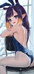  1girl :d absurdres animal_ear_hairband animal_ears ass back backless_leotard bare_shoulders blue_eyes blue_leotard blunt_bangs blurry blurry_background blush breasts chair commentary ear_blush english_commentary fake_animal_ears fake_tail fang from_behind gradient_hair hairband highleg highleg_leotard highres hololive hololive_english indoors leotard long_hair looking_at_viewer looking_back maverick_(mvk022) median_furrow mole mole_under_eye multicolored_hair ninomae_ina'nis on_chair open_mouth orange_hair pantyhose playboy_bunny pointy_ears purple_hair rabbit_ear_hairband rabbit_ears rabbit_tail shoulder_blades sideboob sidelocks sitting sitting_backwards small_breasts smile solo strapless strapless_leotard sweat tail tentacle_hair very_long_hair virtual_youtuber white_pantyhose 