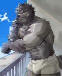  1boy abs absurdres against_fence balcony bara beard ben_(bansak) boxer_briefs bulge chest_tuft cowboy_shot dog_boy facial_hair fence forked_eyebrows full_beard furry furry_male half-closed_eyes highres huge_eyebrows large_pectorals looking_at_viewer male_focus male_underwear mature_male muscular muscular_male navel navel_hair nipples original pectorals short_hair smoking solo standing stomach thick_beard underwear white_male_underwear 