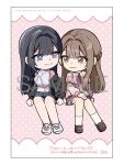  2girls afternon_tea_wa_ikagadesuka? bare_shoulders black_hair black_jacket blue_hair blue_shorts brown_eyes brown_hair brown_shoes brown_skirt capelet character_request chibi chibi_only commentary_request crop_top eye_contact hair_intakes hand_on_lap highres jacket looking_at_another midriff multiple_girls name_(sh) official_art pink_capelet pink_shirt plaid_clothes plaid_skirt sample_watermark shirt shoes shorts sitting skirt sneakers socks split_mouth watermark white_shirt white_shoes white_socks 