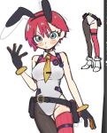  1girl adapted_costume amate_yuzuriha animal_ears aqua_eyes art_program_in_frame asymmetrical_legwear belt belt_pouch black_belt black_gloves black_pantyhose blush_stickers boots breasts commentary_request fake_animal_ears gloves groin gundam gundam_gquuuuuux high_heel_boots high_heels highres karaage_unai leotard looking_at_viewer multiple_views necktie nontraditional_playboy_bunny pantyhose pouch rabbit_ears red_hair red_thighhighs short_hair simple_background single_leg_pantyhose single_thighhigh thigh_belt thigh_strap thighhighs white_background white_boots white_leotard yellow_necktie 