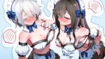  2girls absurdres apron arm_garter black_nails blue_bow blue_eyes blush bow breasts brown_hair character_request cleavage commentary_request commission copyright_request hair_bow highres long_hair maid_headdress multicolored_hair multiple_girls navel pink_streaks purple_eyes shadow skeb_commission spoken_blush stomach streaked_hair sui_hi_sf sweat thank_you waist_apron white_apron white_hair 