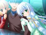  1boy 2girls blonde_hair blue_shirt breast_press breasts brown_hair brown_sweater buttons cape chair cleavage closed_mouth clover_point curtains double_arm_hug elbow_gloves faceless faceless_male fur-trimmed_cape fur-trimmed_gloves fur_trim game_asset gloves grass green_cape green_eyes green_gloves green_shirt gym_uniform hand_on_another's_arm hand_on_another's_shoulder head_on_another's_shoulder indoors jacket long_hair long_sleeves looking_at_another multiple_girls neck_ribbon non-web_source on_chair open_clothes open_jacket red_eyes red_jacket ribbon self-datamine shirotsume_(clover_point) shirt short_hair sitting sleeveless sleeveless_shirt sweatdrop sweater table takanashi_yaya track_jacket twintails v-neck white_hair white_shirt window yellow_ribbon yuyi 