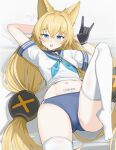  1girl absurdres animal_ears arm_up barcode barcode_tattoo black_gloves blonde_hair blue_eyes buruma collar faelynn_(girls'_frontline_2) faelynn_(sunkissed_shimmer)_(girls'_frontline_2) fox_ears g41_(girls'_frontline) girls'_frontline girls'_frontline_2:_exilium gloves highres long_hair navel neckerchief prosciutto_7 school_uniform tattoo thighhighs white_thighhighs 
