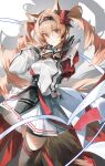  1girl aliasing angelina_(arknights) angelina_the_mellow_wish_(arknights) animal_ear_fluff animal_ears arknights black_collar black_gloves black_hairband black_thighhighs brown_hair chinese_commentary closed_mouth collar commentary_request cowboy_shot detached_sleeves dot_nose dress drop_shadow earpiece fox_ears fox_girl fox_tail gloves grey_background hair_between_eyes hairband hands_up highres infection_monitor_(arknights) long_hair long_sleeves looking_at_viewer multicolored_hairband pleated_dress red_dress see-through_clothes see-through_sleeves short_dress shuxiuxiao smile solo standing tail thigh_strap thighhighs twintails two-tone_hairband very_long_hair white_dress 