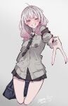  1girl absurdres armband bag black_bag black_necktie black_skirt blush commentary_request cropped_legs gradient_hair grey_background grey_eyes grey_hair grin gyaru_v heterochromia highres ishigami_nozomi long_hair looking_at_viewer multicolored_hair necktie nijisanji pink_hair red_nails shirt signature skirt smile solo sweater two-tone_hair v virtual_youtuber white_shirt yozakura_nozomu 