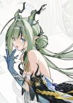  1girl ahoge arknights arknights:_endfield backless_outfit bare_shoulders blue_eyes breasts commentary_request dragon_girl dragon_horns dragon_tail dress eastern_dragon_horns eastern_dragon_tail floating_hair from_side green_hair hair_intakes highres horns looking_at_viewer looking_to_the_side multicolored_hair open_mouth pointy_ears scales si_(arknights) small_breasts solo streaked_hair tail upper_body white_dress yin_lan_xue zoom_layer 