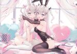  2girls animal_ear_hairband animal_ears black_collar black_leotard black_nails black_shoes black_thighhighs blue_eyes blush bow bowtie breasts card character_request cleavage cocktail_glass collar colored_inner_hair commentary_request cup detached_collar drinking_glass elbow_gloves fake_animal_ears fake_tail fang fingerless_gloves fingernails gloves grey_hair hair_between_eyes hairband hands_on_another's_neck heart heart-shaped_pillow high_heels indie_virtual_youtuber indoors leotard long_hair looking_at_viewer medium_breasts multicolored_hair multiple_girls musubime_yui nail_polish open_mouth parted_lips pillow pink_bow pink_bowtie pink_hair pink_shoes playboy_bunny playing_card poker_chip rabbit_ear_hairband rabbit_ears rabbit_tail saeki_sora shoes sitting strapless strapless_leotard tail thighhighs tray two_side_up very_long_hair virtual_youtuber wariza white_collar white_hairband white_leotard white_thighhighs white_wrist_cuffs wrist_cuffs 