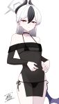  1girl absurdres artist_name bikini black_bikini black_choker black_hair black_wings blue_archive breasts choker collarbone commentary_request cowboy_shot dated ear_ornament gradient_hair grey_halo hair_between_eyes hair_ornament hairclip halo highres kayoko_(blue_archive) kayoko_(tsutaya)_(blue_archive) long_hair looking_at_viewer multicolored_hair open_mouth red_eyes see-through_clothes see-through_shirt shirt signature simple_background single_wing small_breasts solo strapless strapless_shirt swimsuit white_background white_hair wings yata_mawari 