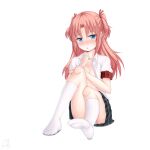  1boy absurdres arikawa_hime blue_eyes blush commentary_request crossdressing crossdressing_(mtf) embarrassed feet full_body furrowed_brow hair_ribbon hand_up highres himegoto invisible_floor kneehighs knees_up looking_at_viewer male_focus no_shoes open_clothes open_mouth open_shirt panties panty_peek parted_bangs partially_undressed pink_hair red_ribbon ribbon sainohikari school_uniform shirt short_sleeves simple_background sitting socks solo striped_clothes striped_panties trap two_side_up underwear white_background white_shirt white_socks 