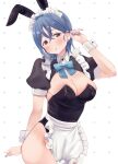  1girl absurdres animal_ears apron arm_behind_back arm_up bare_legs black_leotard blue_bow blue_hair blush bow breasts cleavage commentary_request detached_collar earrings fake_animal_ears hair_between_eyes highres jewelry large_breasts leotard looking_at_viewer love_live! love_live!_superstar!! low_neckline maid_apron maid_headdress nail_polish parted_lips playboy_bunny puffy_short_sleeves puffy_sleeves rabbit_ears red_eyes robirafa_0819 short_hair short_sleeves simple_background single_earring solo wakana_shiki white_apron wrist_cuffs 
