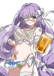  1girl bandages beer_mug bikini blush breasts commentary_request cup eyepatch fate/grand_order fate_(series) green_bikini highres innertube kingprotea_(fate) kingprotea_(swimsuit_mooncancer)_(first_ascension)_(fate) korean_commentary long_hair looking_at_viewer low_twintails medium_breasts mug purple_eyes purple_hair shirt smile solo swim_ring swimsuit syst098 tank_top thighs tied_shirt twintails very_long_hair white_tank_top 