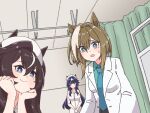  3girls :3 alternate_costume animal_ears blue_eyes blue_hair blue_necktie bright_pupils brown_hair ceiling cheval_grand_(umamusume) coat collared_shirt commentary curtains doctor dress echieichi green_shirt hand_on_own_chin highres horse_ears horse_girl hospital lab_coat long_hair looking_at_viewer meme mole mole_under_eye multicolored_hair multiple_girls necktie nine_years_in_a_coma_(meme) nurse open_clothes open_coat open_mouth own_hands_together parody pov scene_reference shirt sleeveless sleeveless_dress stethoscope streaked_hair tile_ceiling tiles umamusume v_sisters verxina_(umamusume) vivlos_(umamusume) white_coat white_pupils white_streaks 