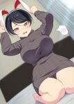  1girl absurdres animal_ear_hairband animal_ears black_hair breasts brown_eyes commentary_request dress fake_animal_ears grey_dress hairband highres kneeling large_breasts long_sleeves mole mole_under_eye on_bed open_mouth original panties pantyshot rabbit_ear_hairband rabbit_ears ribbed_dress sakamata_(sakamata4) solo spoken_blush sweater sweater_dress underwear zipper_panties 